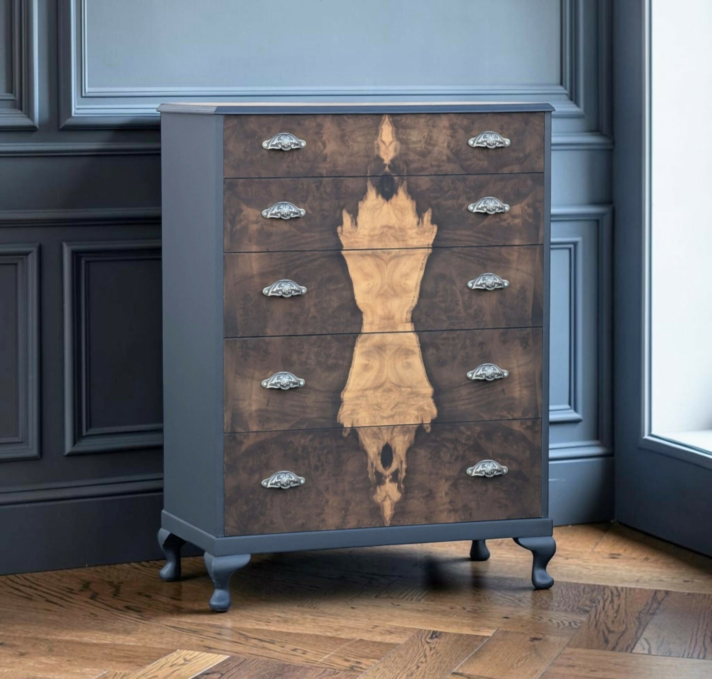 Vintage art deco navy blue walnut burr wood chest of drawers tallboy