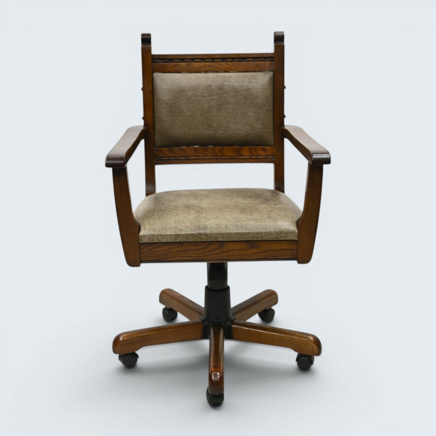Vintage Wood Bros Old Charm Captains Office Chair Green Hide Leather Tilt Swivel