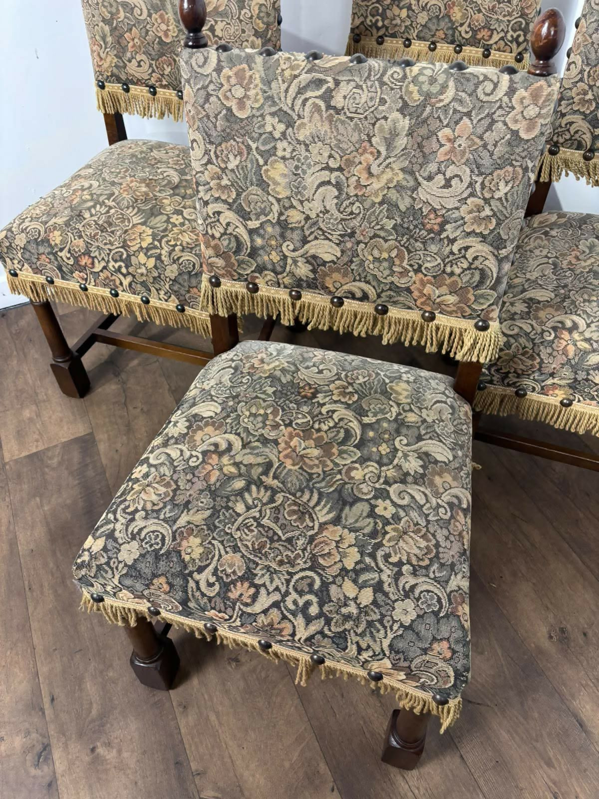 Set of Four Vintage Oak Upholstered Dining Chairs