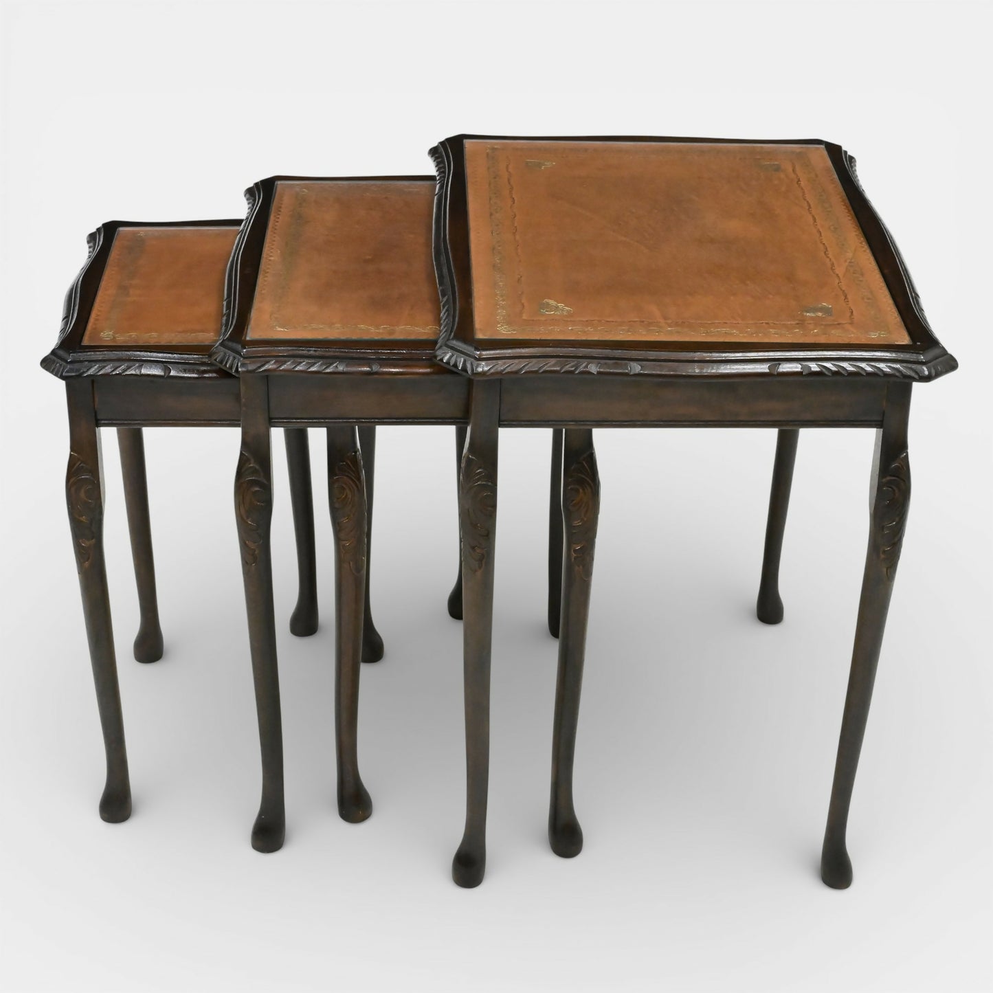 Tall Nest Of Tables Queen Anne Cabriole Legs Leather Glass Top FREE UK* Delivery. SBR11061/2010E