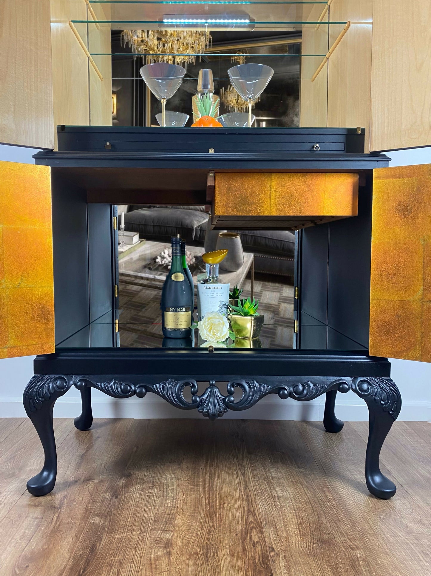 Art Deco Upcycled Queen Anne Cocktail Cabinet: Black Gin Bar Drinks Cabinet