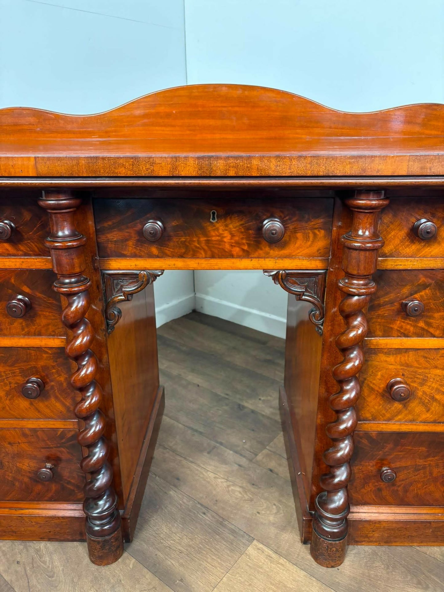 Victorian Scottish Flame Mahogany Pedestal Desk