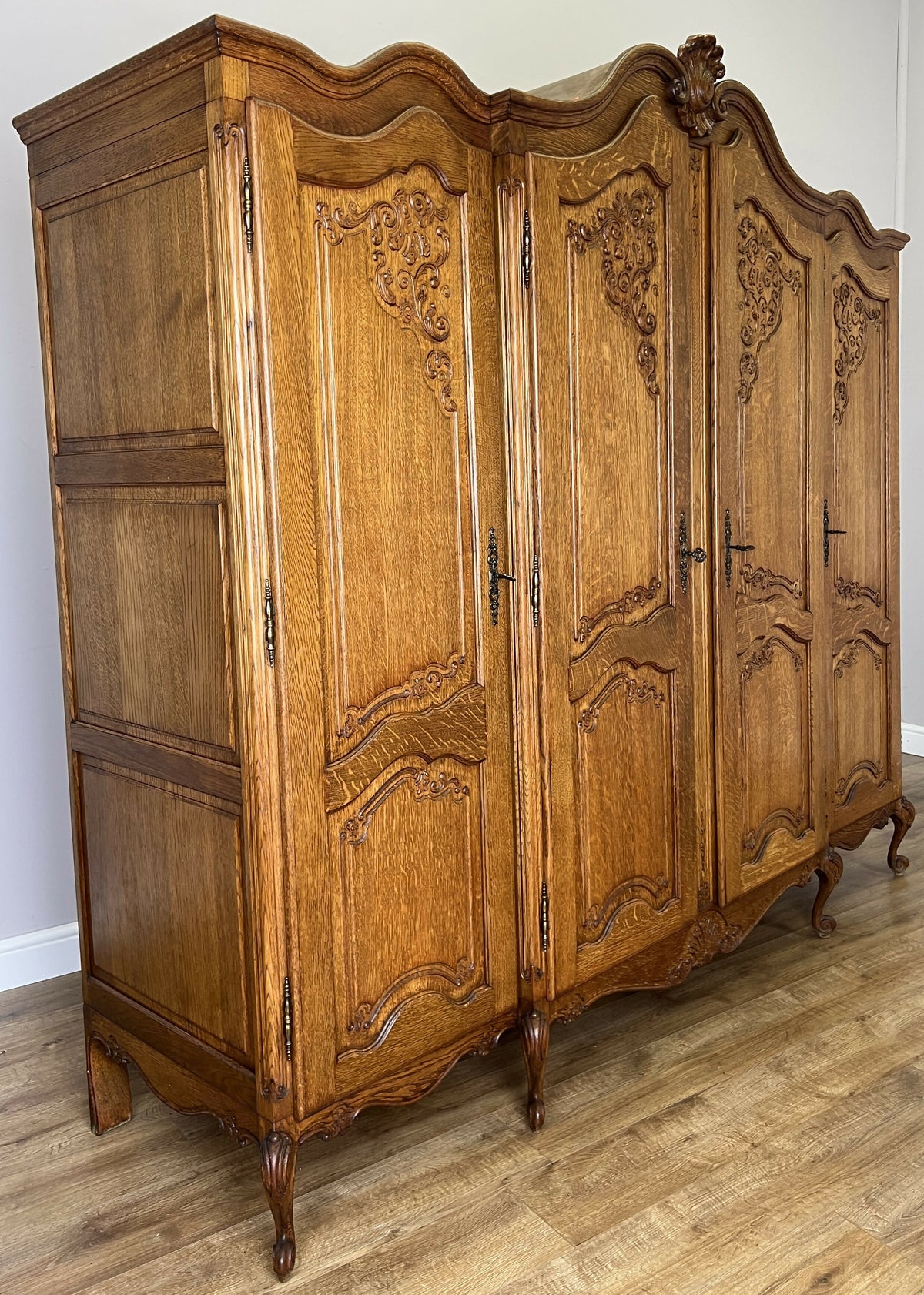 Wardrobe Vintage French Louis XVI Style Oak Four Door Carved Armoire LOT 6496