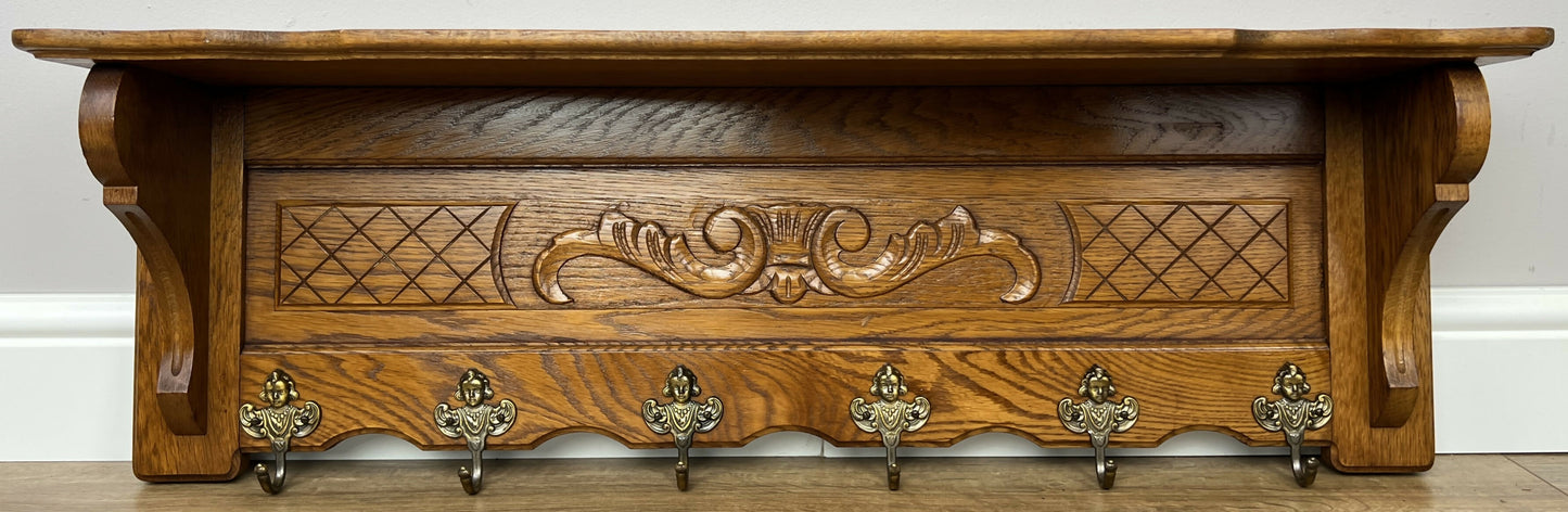 Coat Rack Vintage French Oak Wall Mounted 6 Hooks Carved Rack Hanger LOT 6209