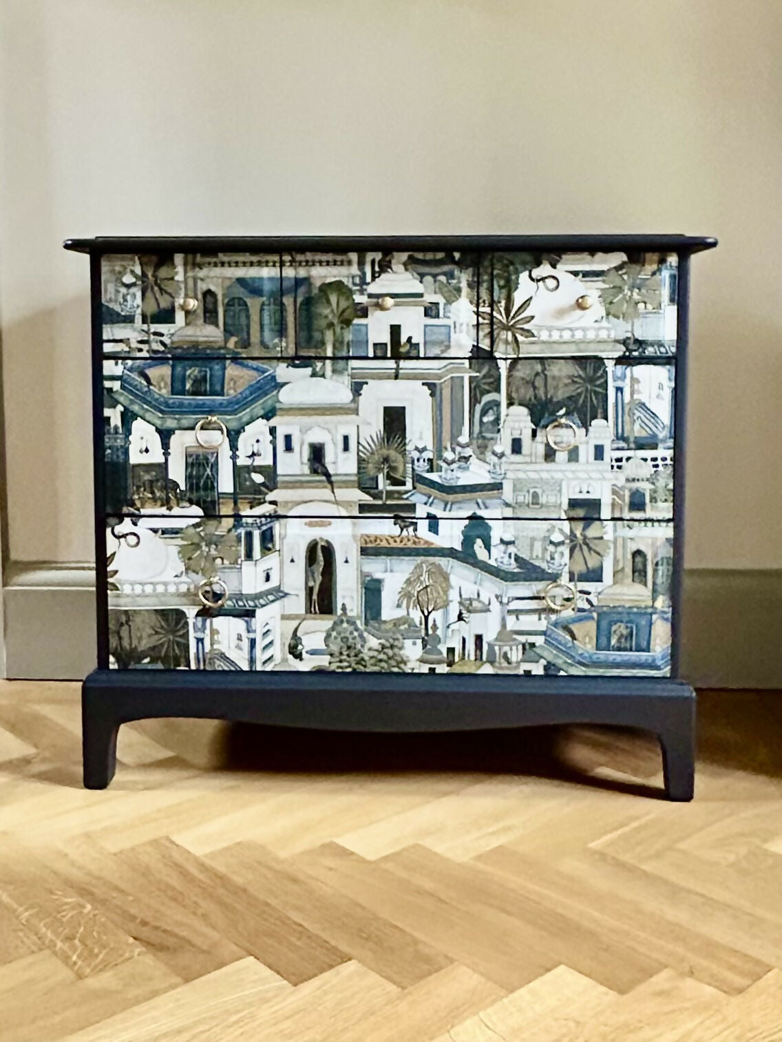 Chest of Drawers. Mid Century Modern. Stag Minstrel. Handpainted and decoupaged.