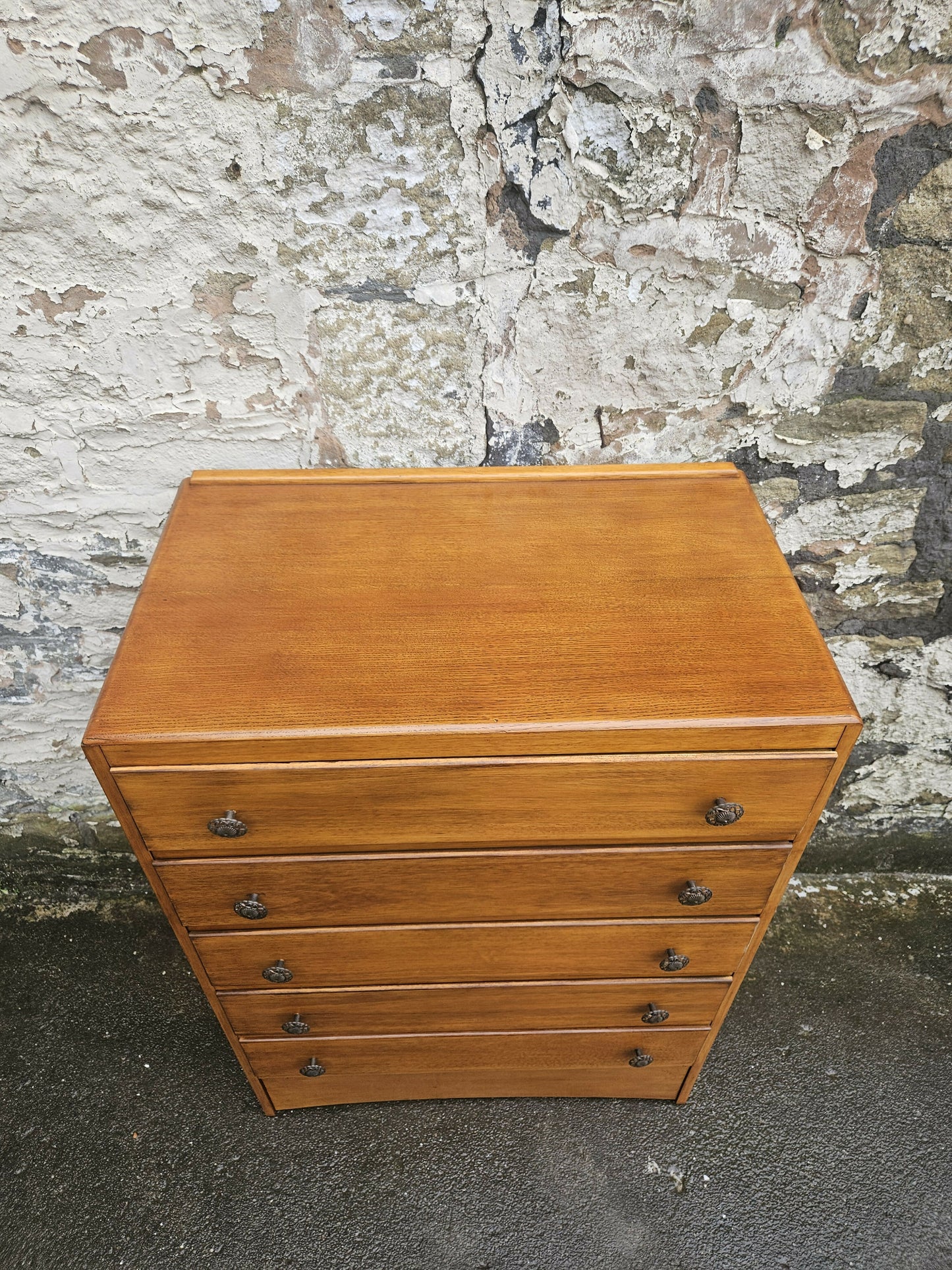 Vintage Oak Tallboy Chest of Drawers: Antique Cabinet with Detailing Five Drawer