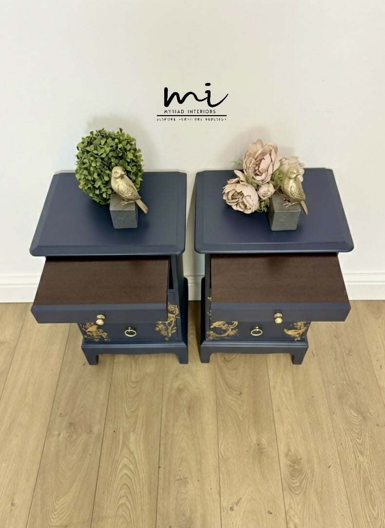 Rare refinished Stag Minstrel Tea Tray Bedside Tables in Navy Blue With Gold Floral Bird Design, Nightstands, vintage