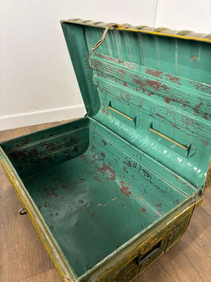 Vintage Indian Reclaimed Hand Painted Metal Trunk
