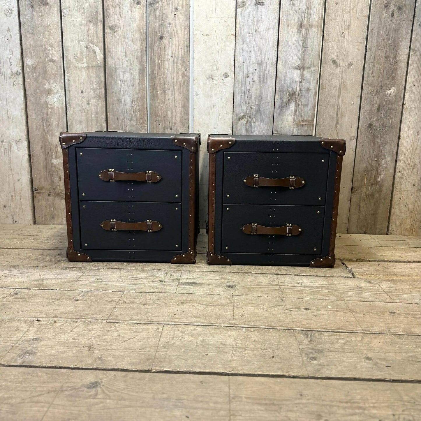 Black Leather Brown Trimmed Handmade Luxury Bedroom End Tables