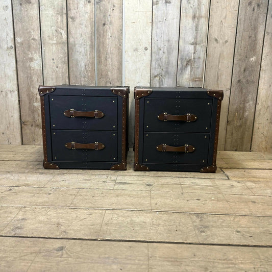 Black Leather Brown Trimmed Handmade Luxury Bedroom End Tables