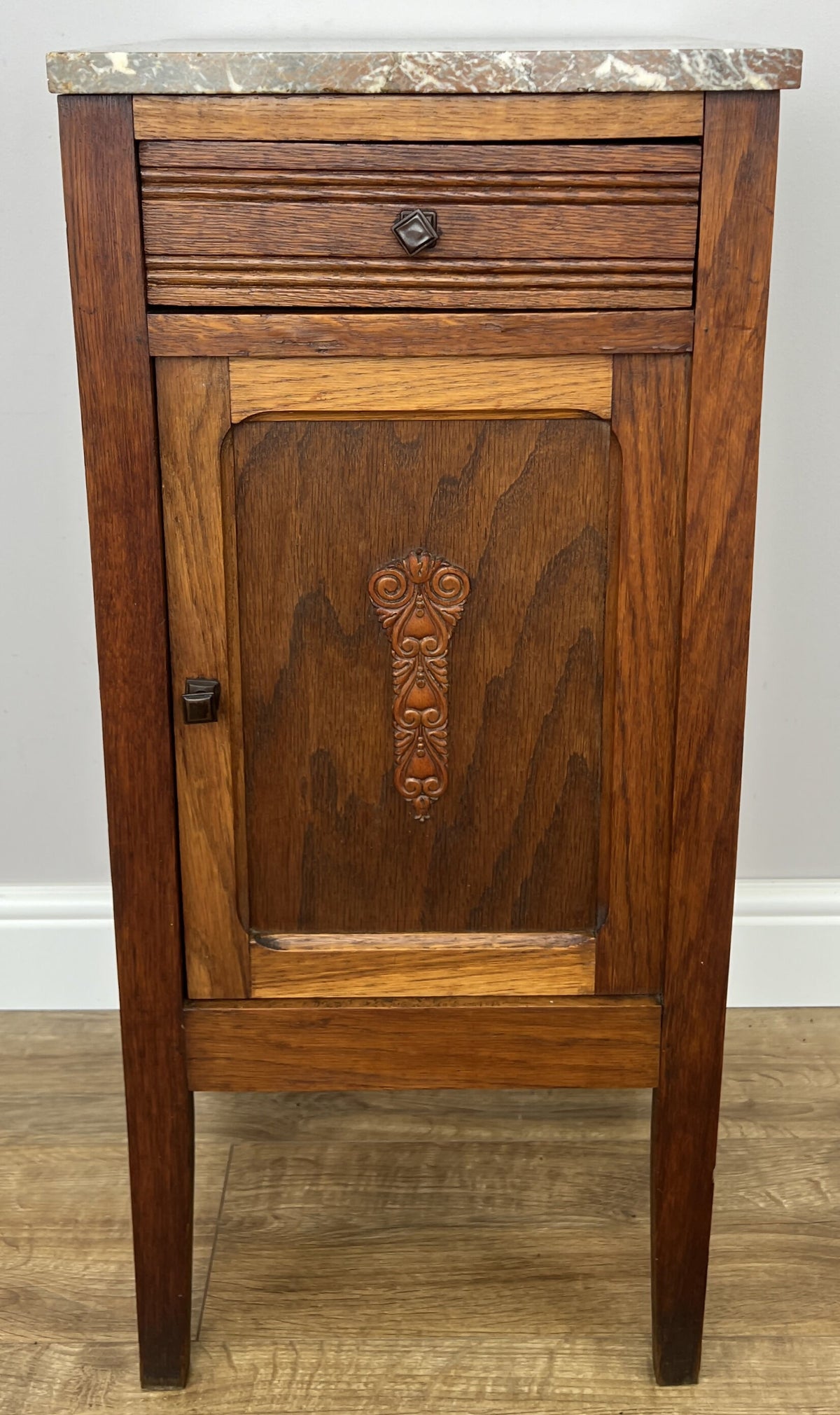Bedside Table Antique French Style Oak Carved Marble Top Cabinet LOT 6602