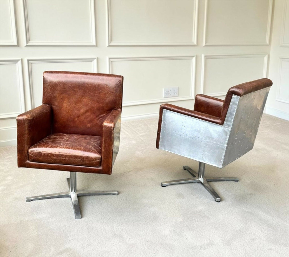 Two Hand Dyed Brown Leather Aviators Swivel Captains Chairs