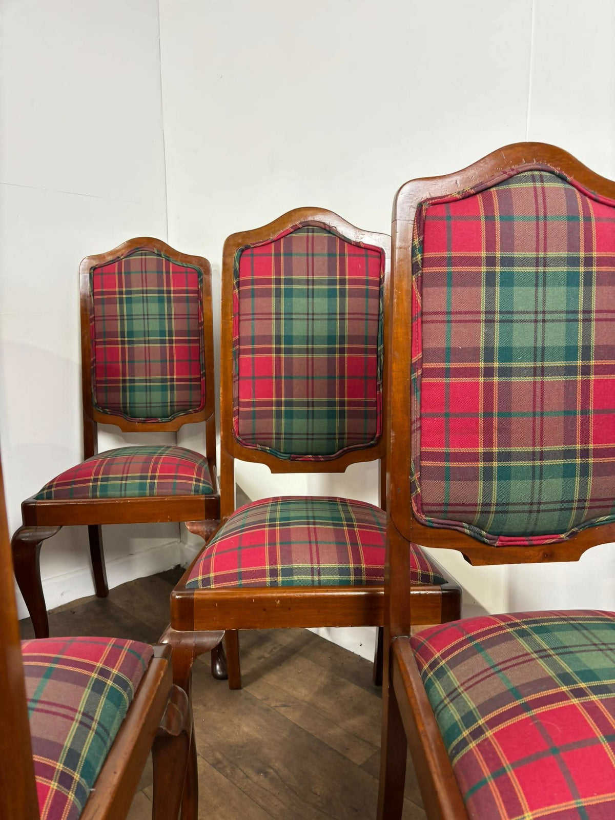Set Of Six Antique Tartan Upholstered Dining Chairs