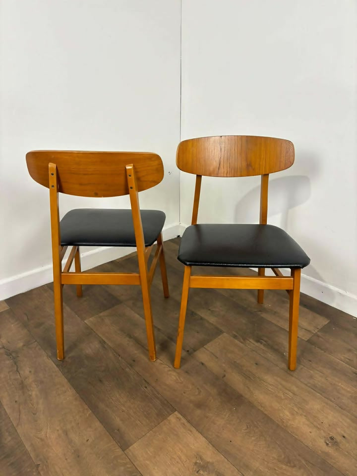 Pair of Mid Century Teak Chairs with Black Upholstery
