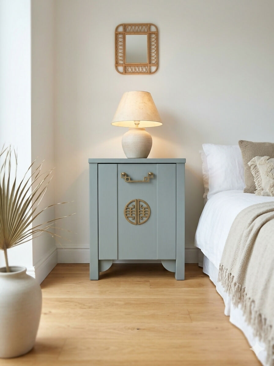 Restored Oriental Chinoiserie Style Cabinet in Modern Greeney Grey