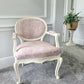 Louis XVl Newly Upholstered Accent Chair, Bergere, Pink Toile Fabric, Cream Painted Frame, Cabriole Legs. Venetian influences.