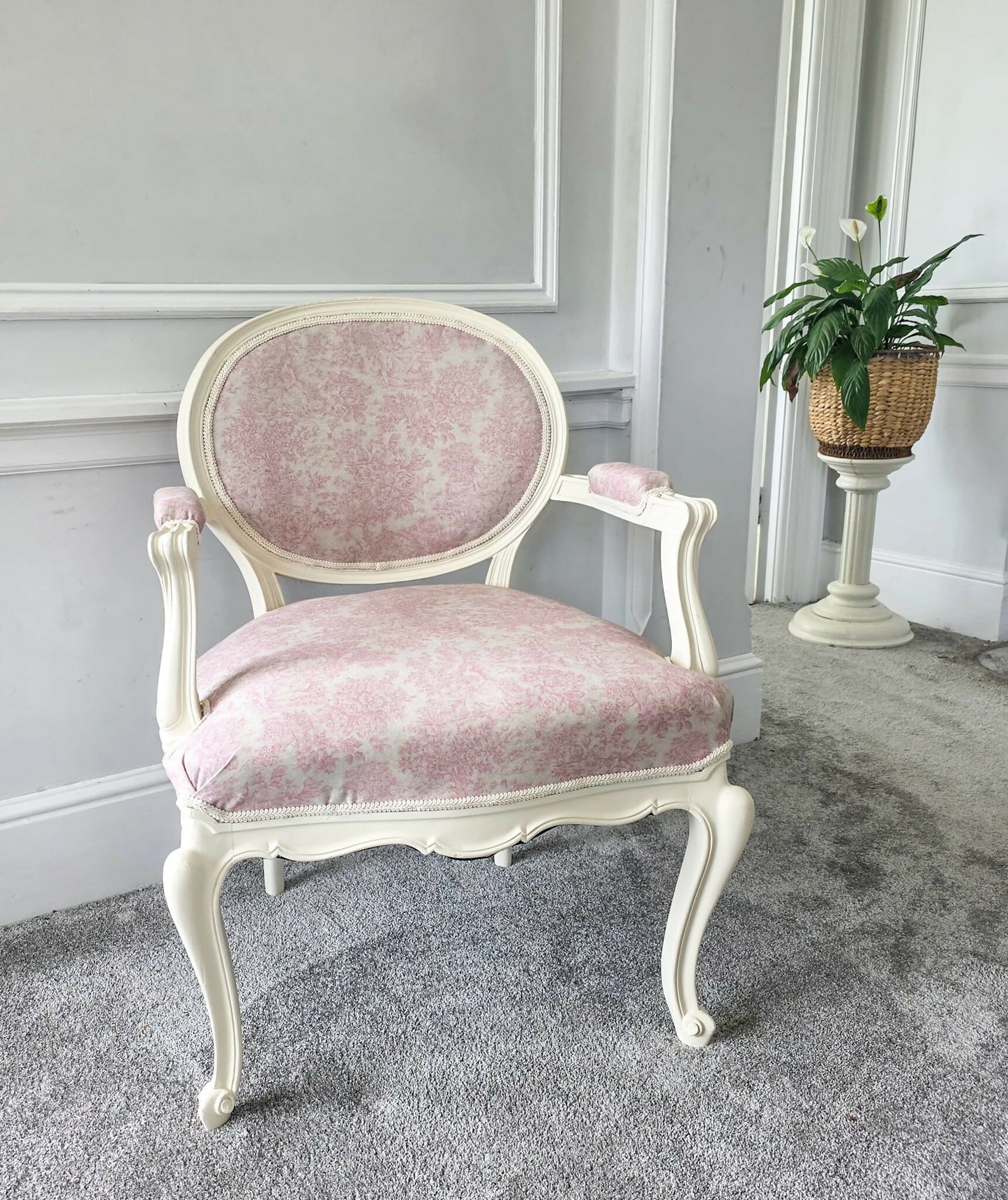 Louis XVl Newly Upholstered Accent Chair, Bergere, Pink Toile Fabric, Cream Painted Frame, Cabriole Legs. Venetian influences.
