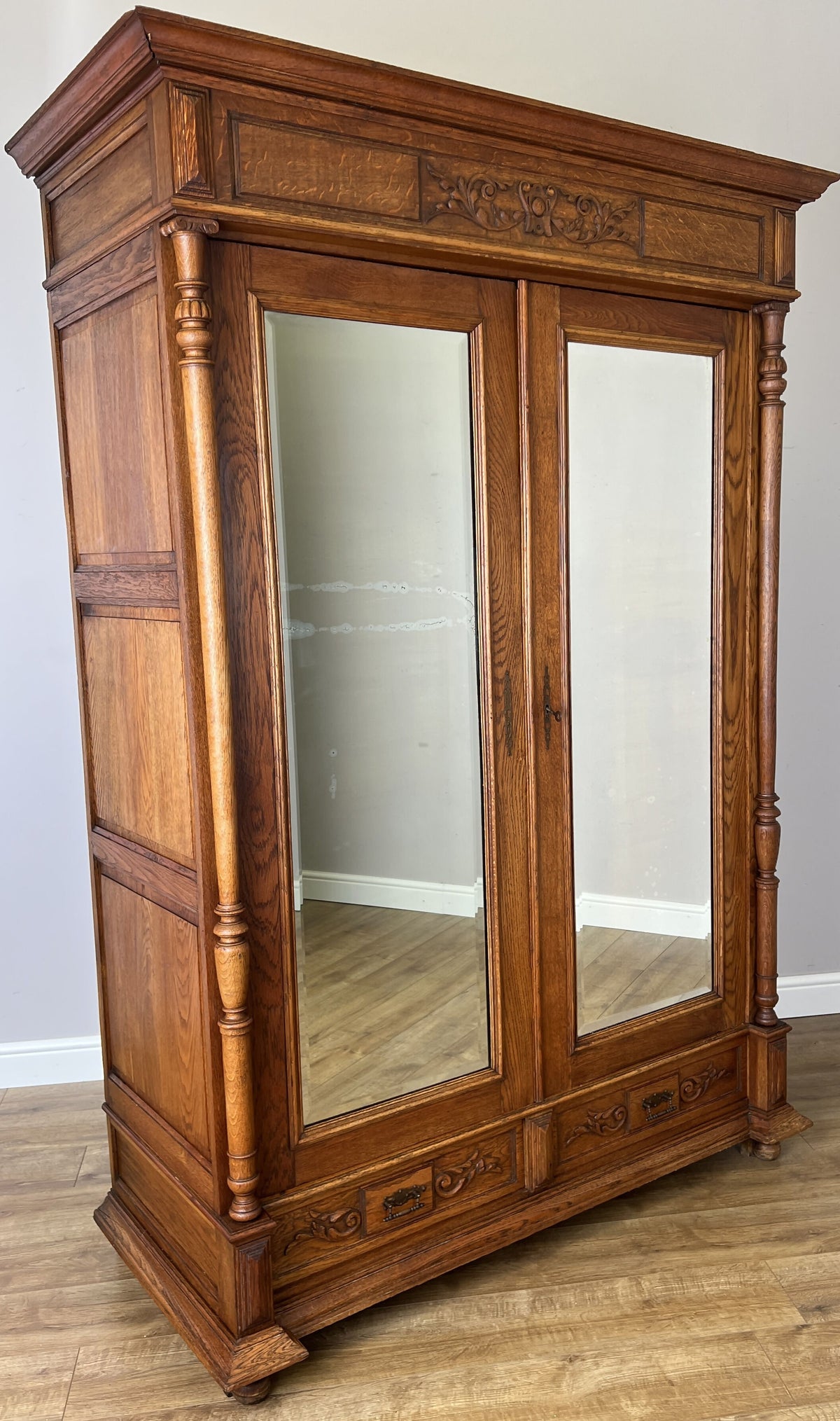 Wardrobe Antique French Style Oak Mirrored Two Door Carved Armoire LOT 6544