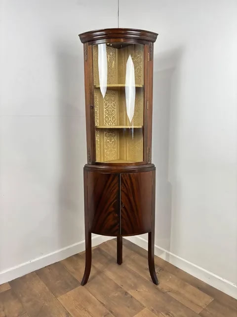Edwardian Flamed Mahogany Corner Display Cabinet With Silk-Lined Interior