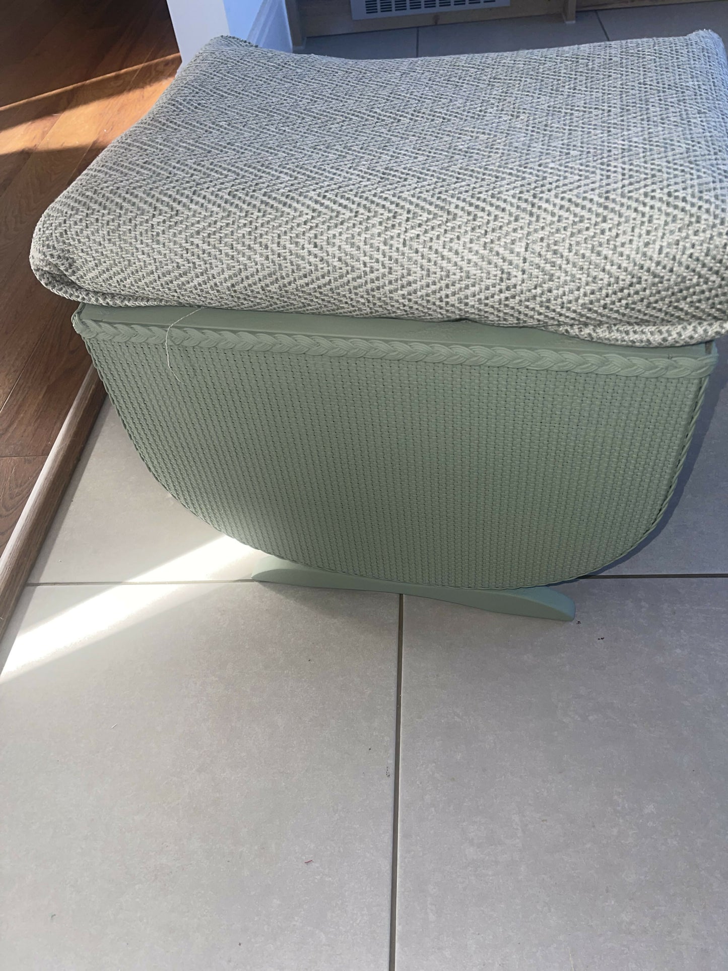 Small mid century Ottoman storage and seat. Sage green paint makes you choose the material.
