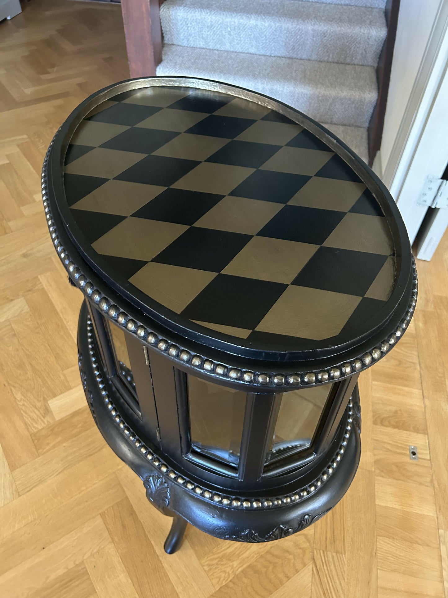 Drinks Cabinet. Handpainted, small oval glazed cabinet. Black/Gold