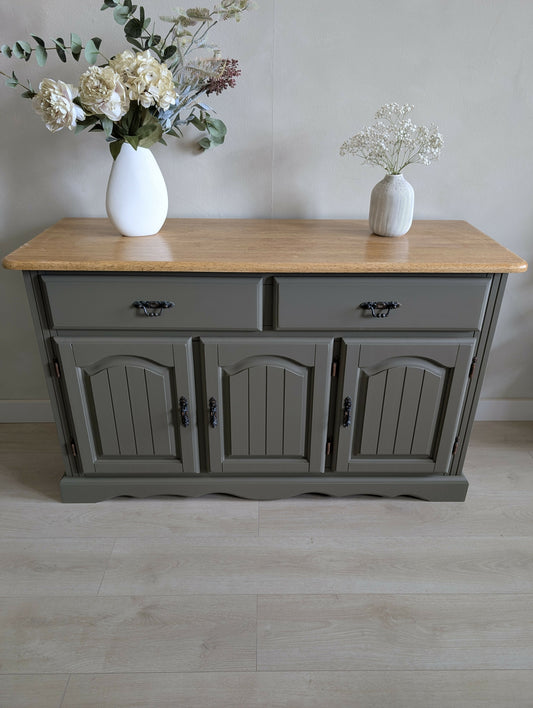 Vintage Oak Sideboard | Olive Green Painted Sideboard with Natural Oak Top