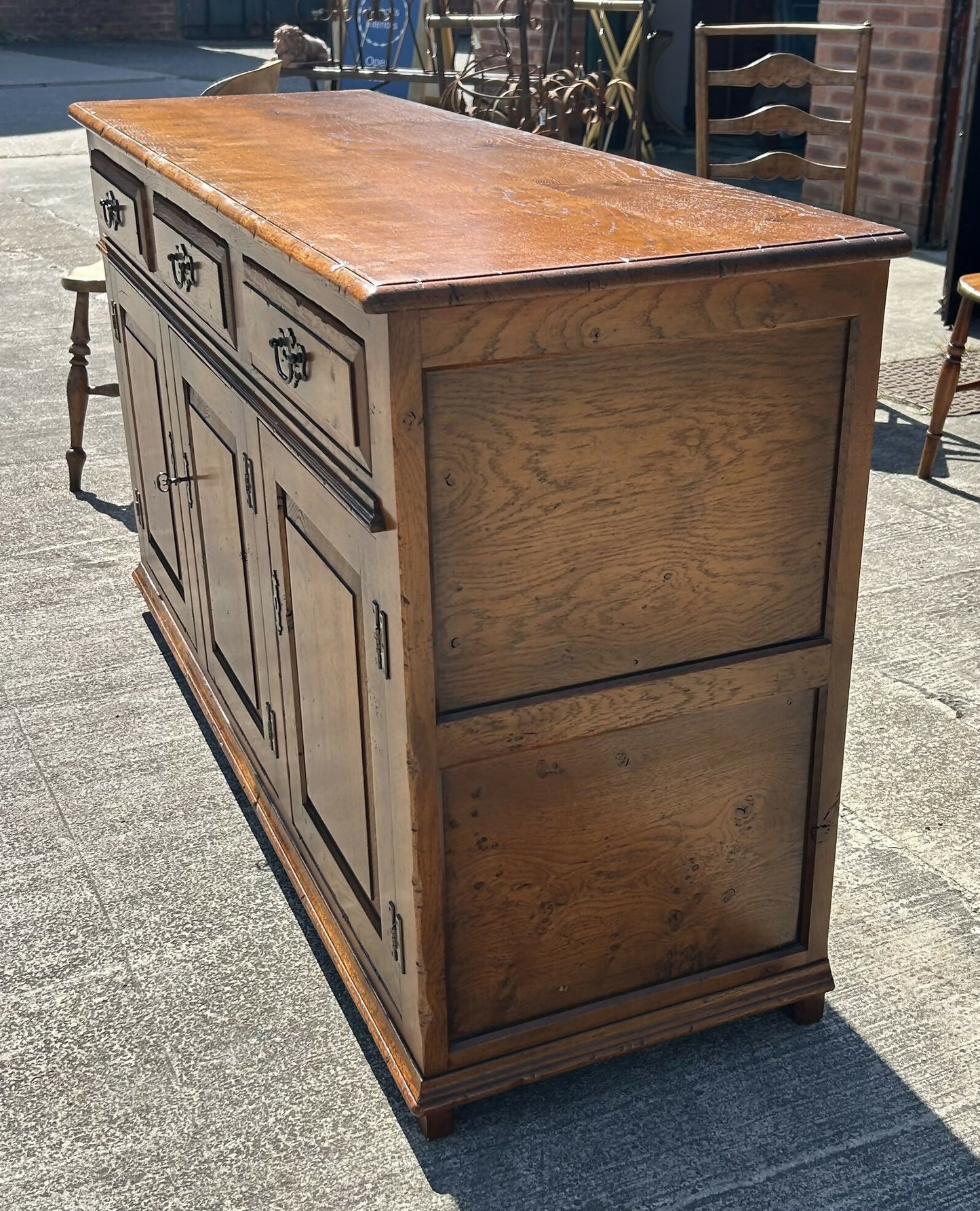 Quality English Distressed Epicormic Ipswich Oak Style Dresser Base Sideboard