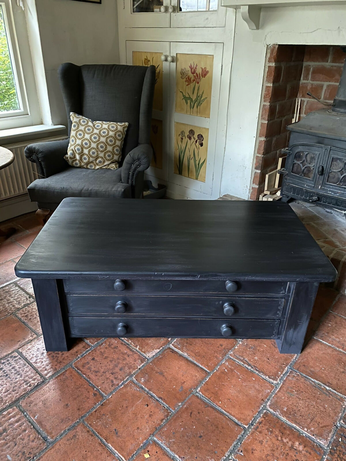 Large Black Painted Pine Late 20th Century Coffee TV Table Plan Chest Style