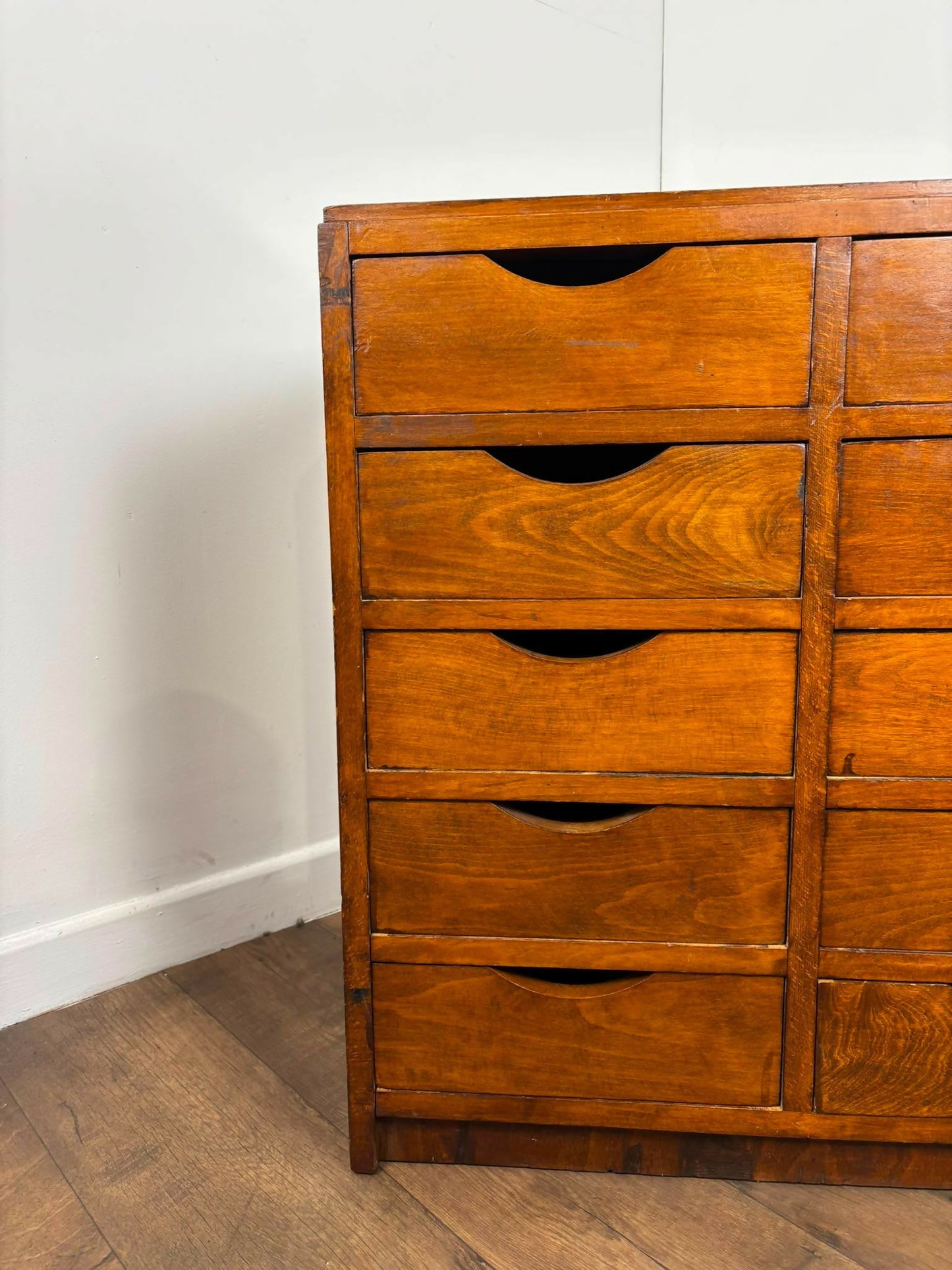 Vintage Oak Veneer Bank of Ten Drawers
