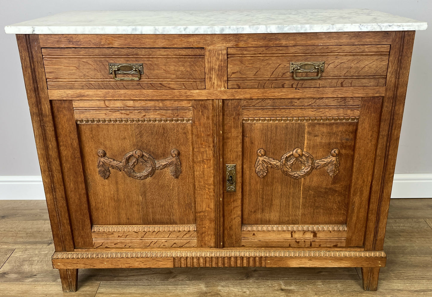Cabinet Antique French Style Marble Top Oak Sideboard Carved Cupboard LOT 6284