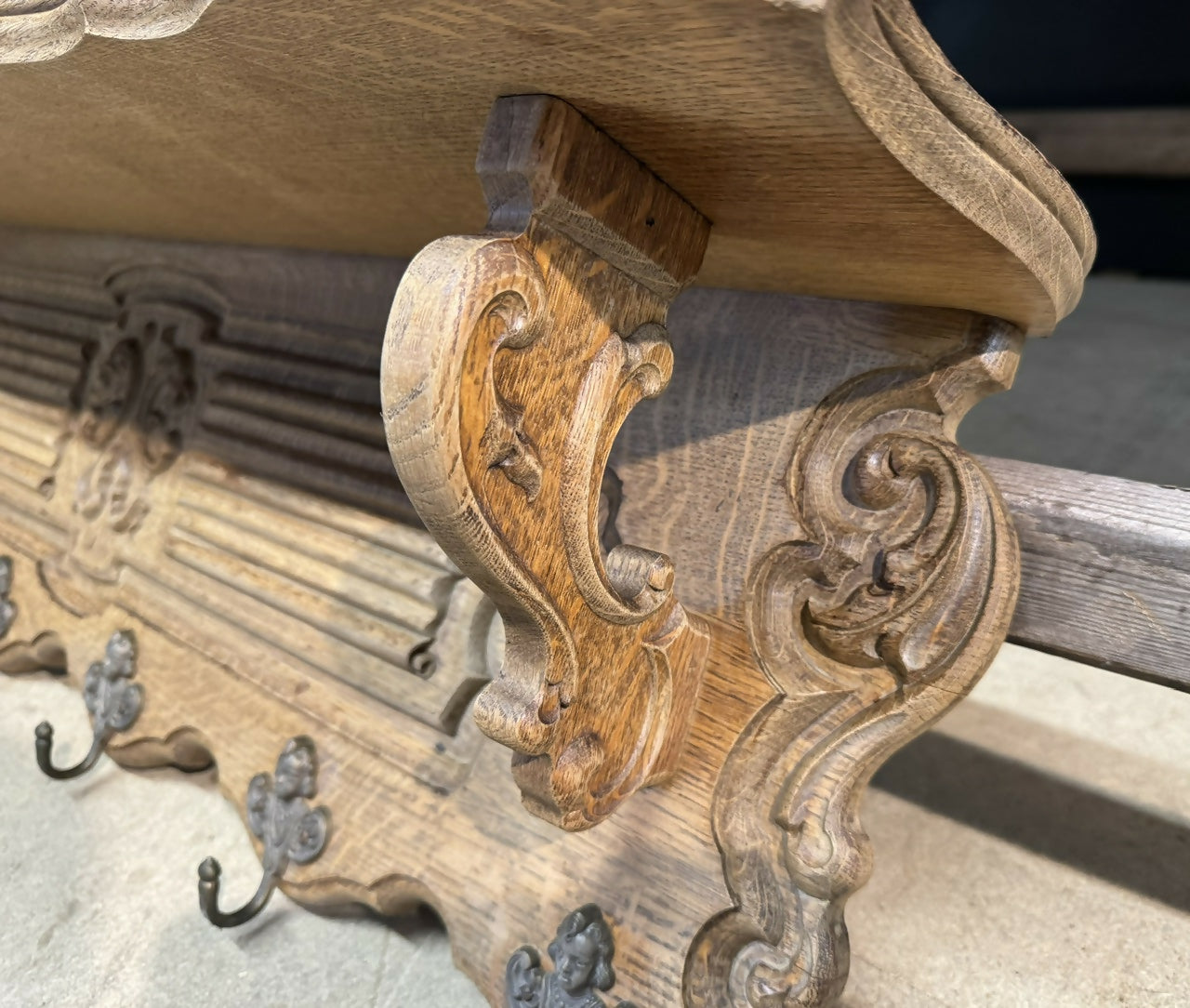 Pretty French Oak Wall Shelf / Coat Rack
