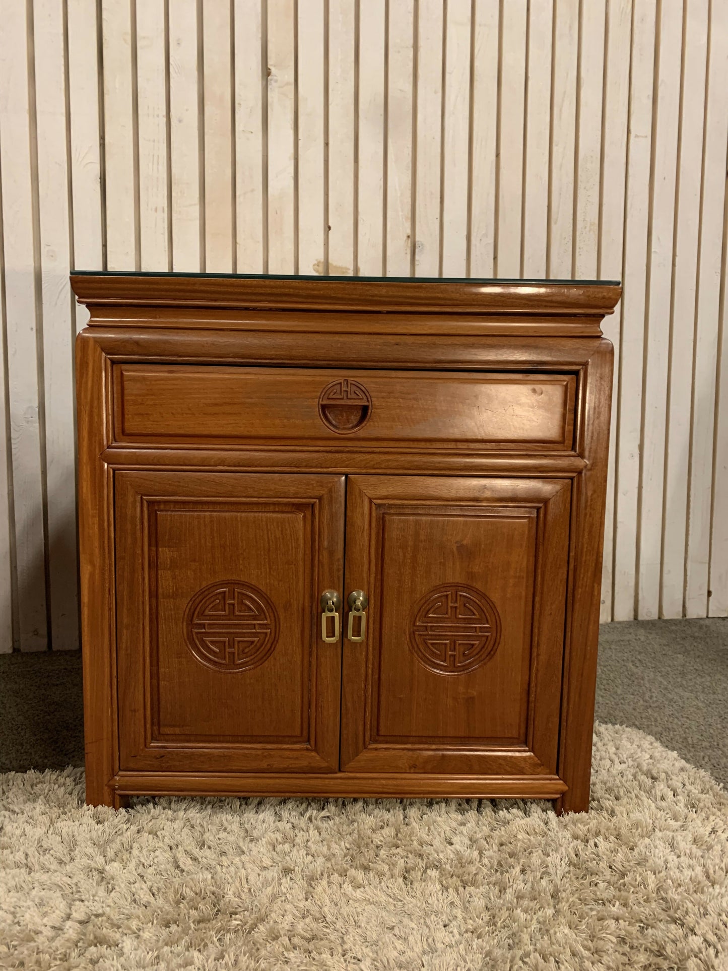 Two End Table/ bedside Carved Chinese with 1 drawer ,2 door and a glass top