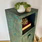 Funky rust effect tall cupboard, lamp table, slim storage cupboard