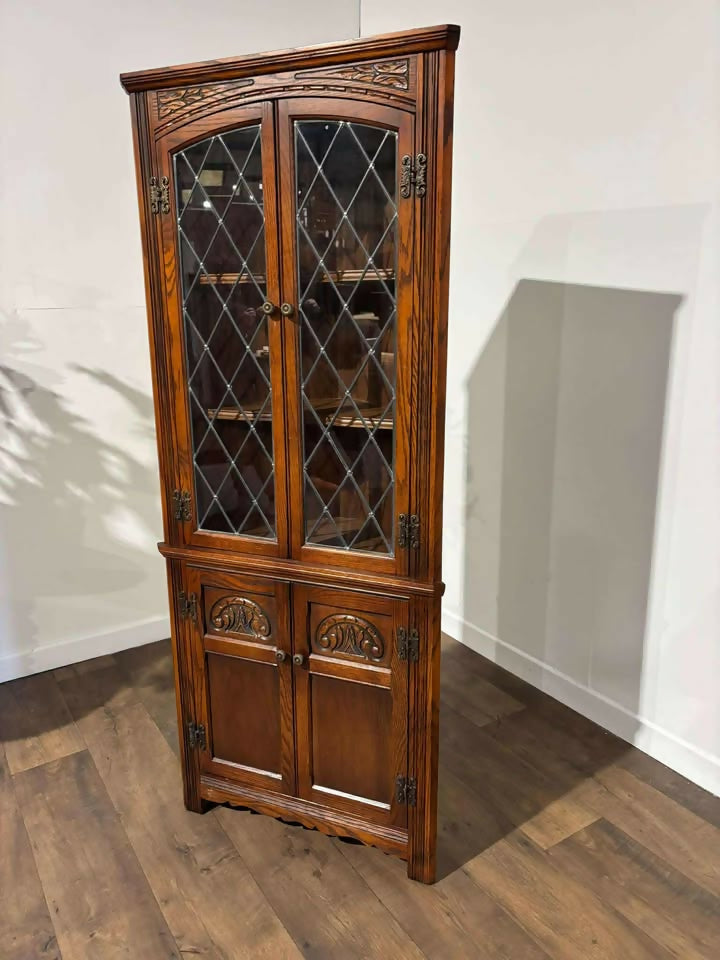 Old Charm Priory Style Corner Cupboard with Leaded Glass Doors