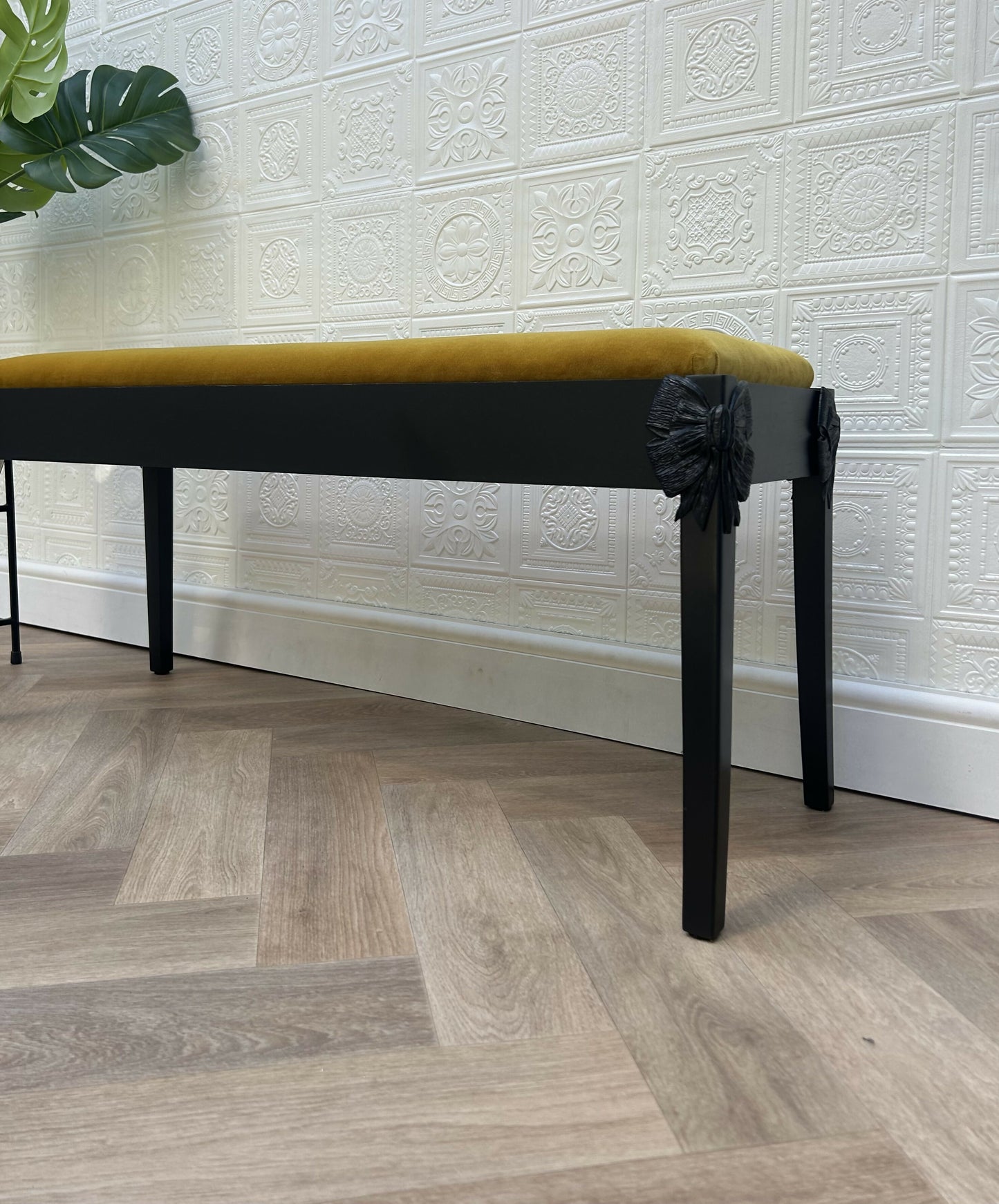 Mid-century Modern Bow Black Handpainted Upholstered Occasional Bench