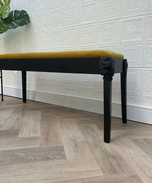 Mid-century Modern Bow Black Handpainted Upholstered Occasional Bench