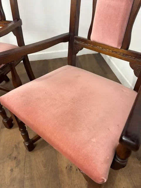 Pair Of Vintage Oak Armchairs With Pink Upholstered Seats & Backs
