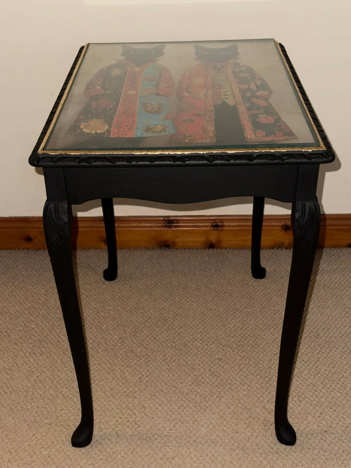 Hand Painted Decoupage Side Table with Glass Top – One of a Kind Black Cat Design
