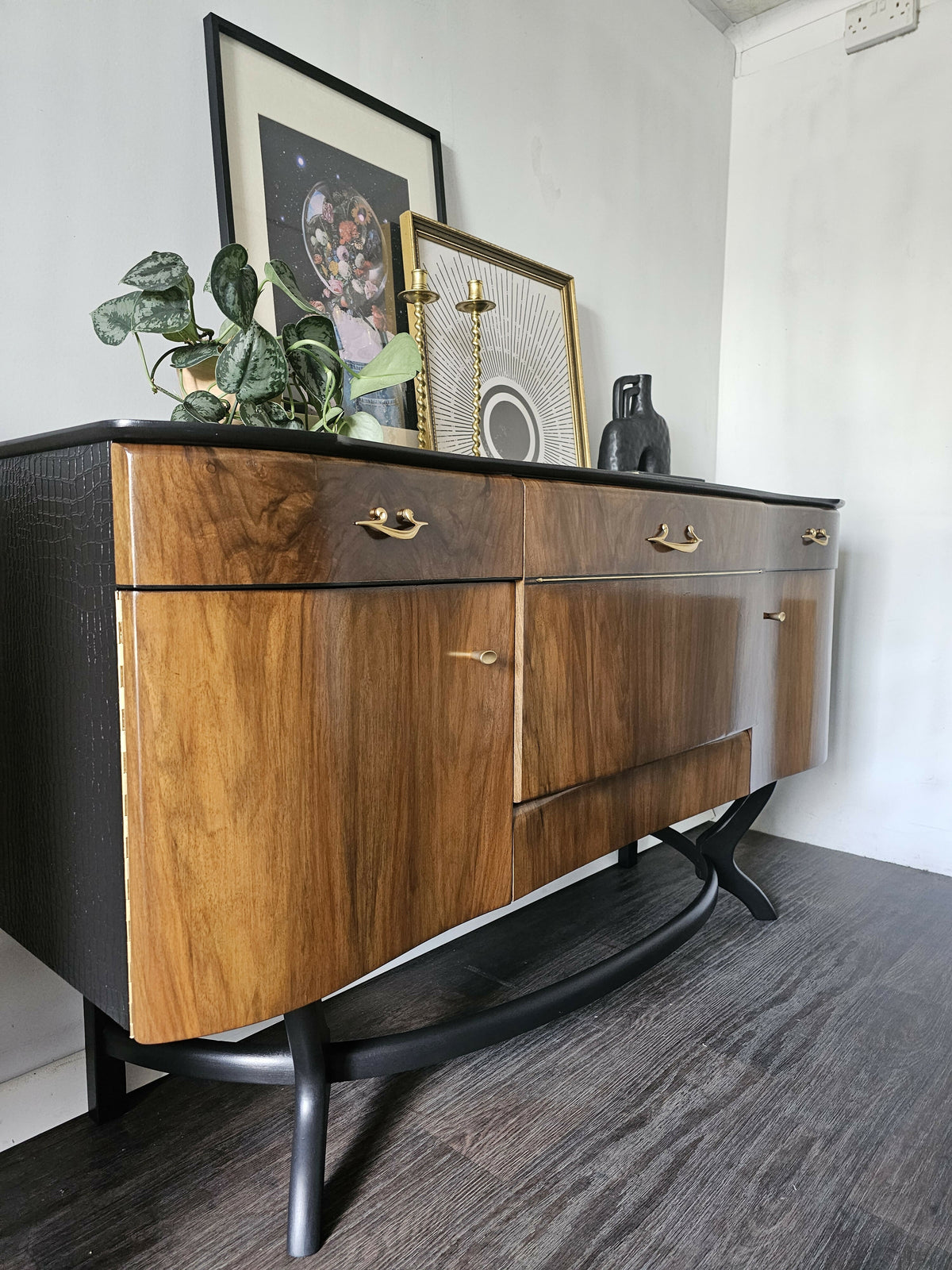 Mid Century Modern Sideboard, Dark Wood and Black Drinks Cabinet, Gold Interior, Original Handles, Crocodile Pattern TV Stand
