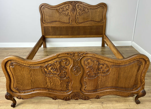 Bed Vintage French Louis XVI Oak Double Bed Frame Carved Headboard LOT 6375