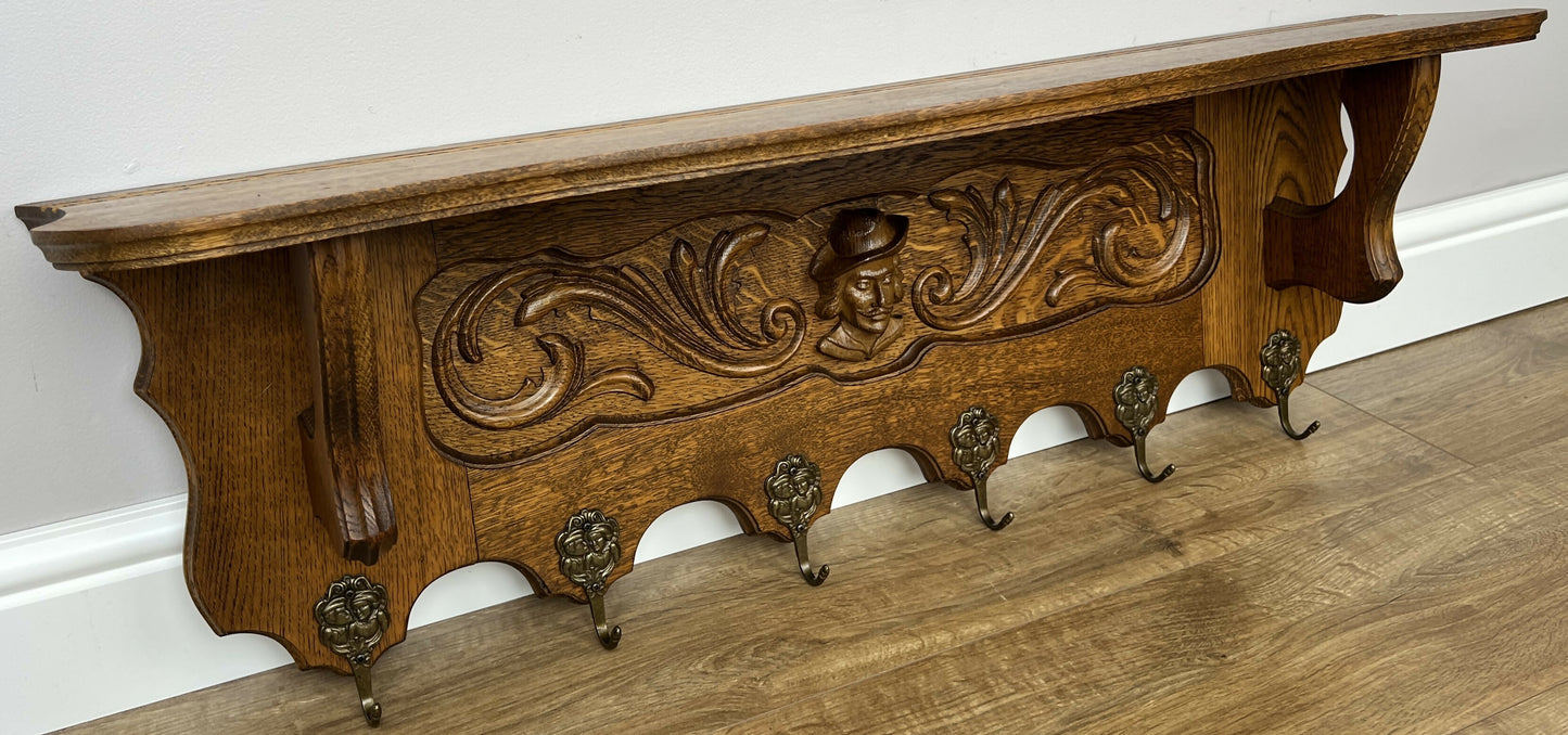 Coat Rack Vintage French Oak Wall Mounted 6 Hooks Carved Rack Hanger LOT 6202