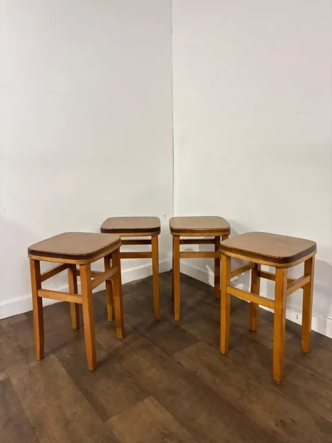 Mid-Century Set of Four Oak Stools