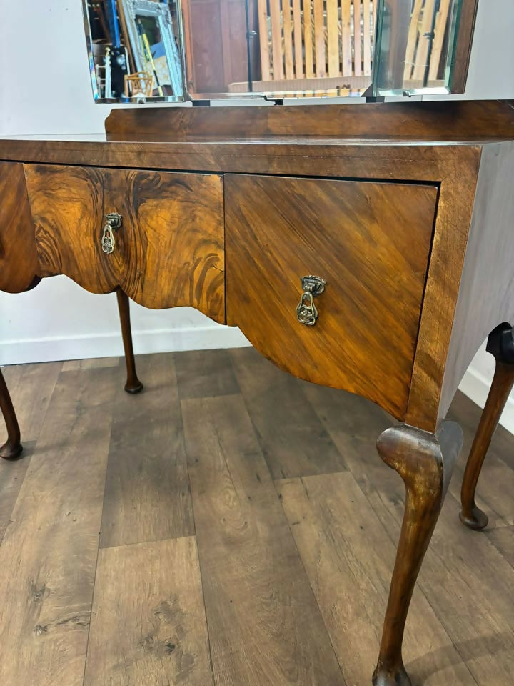 Vintage Walnut Veneered Triptych Mirror Dressing Table