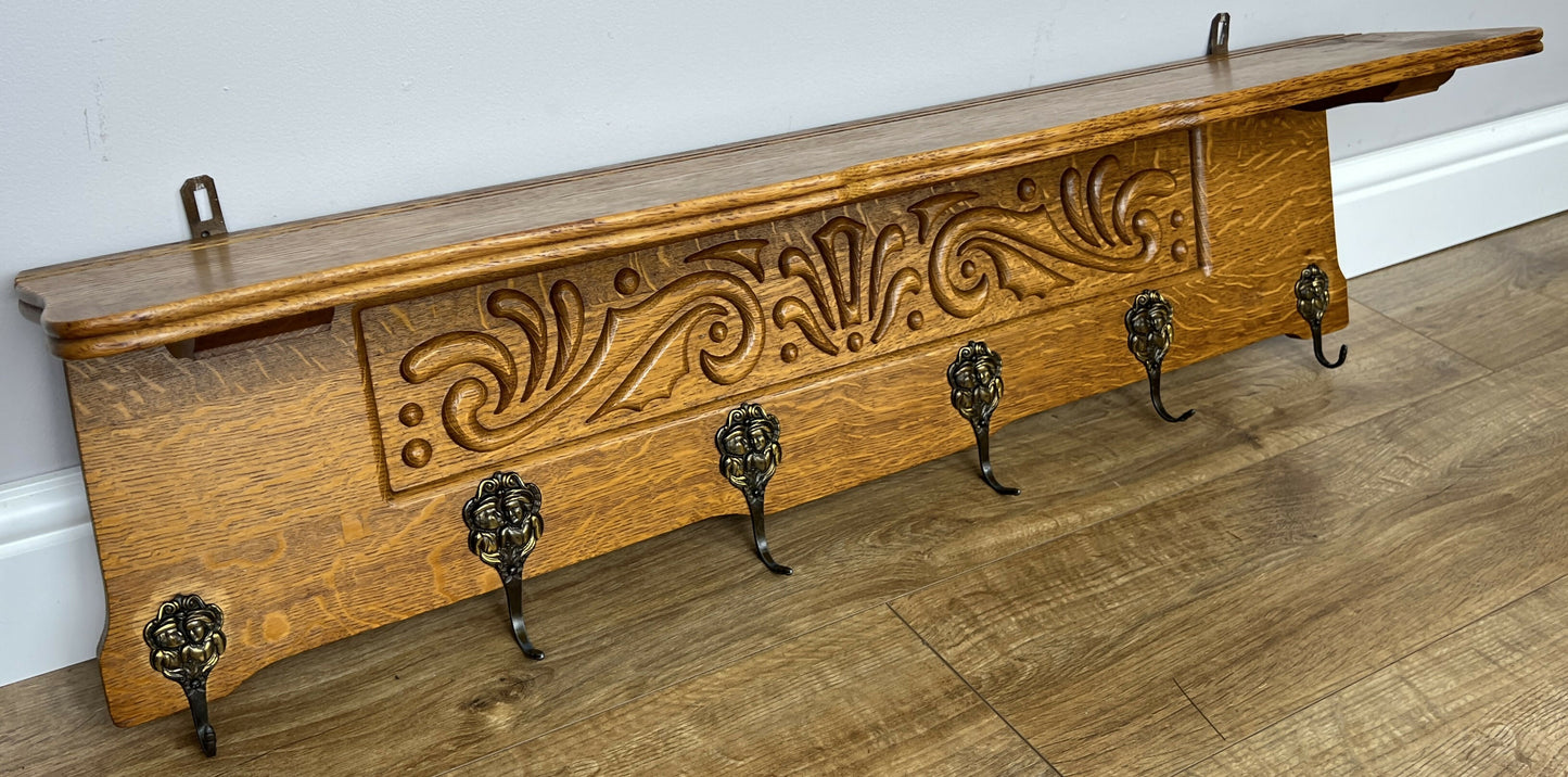 Coat Rack Vintage French Carved Oak Wall Mounted 6 Hooks Rack Hanger LOT 6366