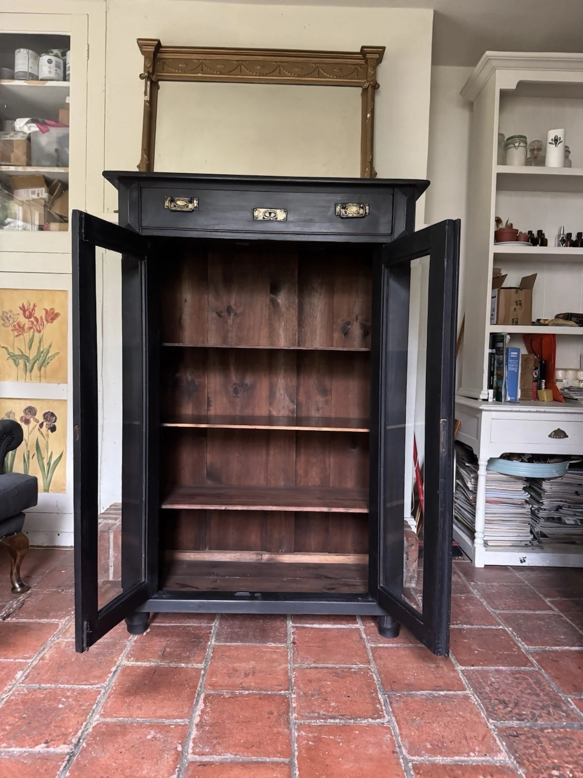 Antique Early 1900’s Mahogany Black Painted Display China Glazed Drinks Cabinet