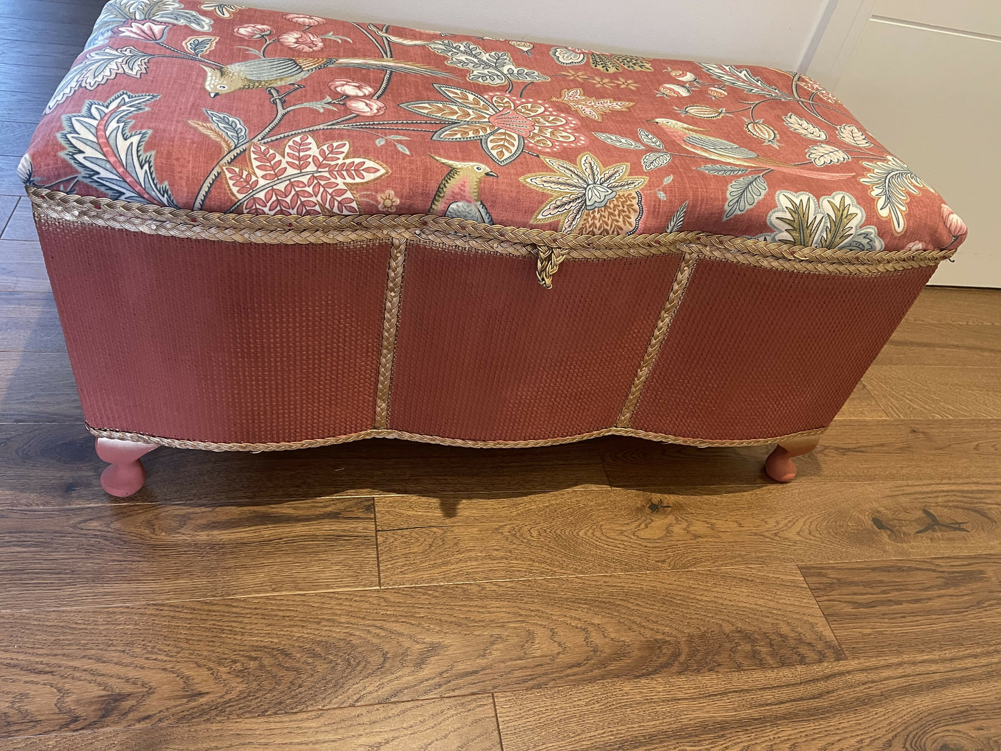 Mid century Ottoman living restored. Brick red chalk paint. Original gold trim. Matching new fabric