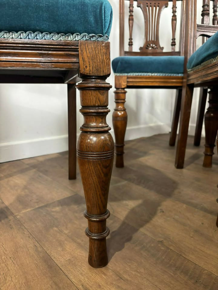 Set of Six Edwardian Carved Oak Dining Chairs –with Teal Upholstery