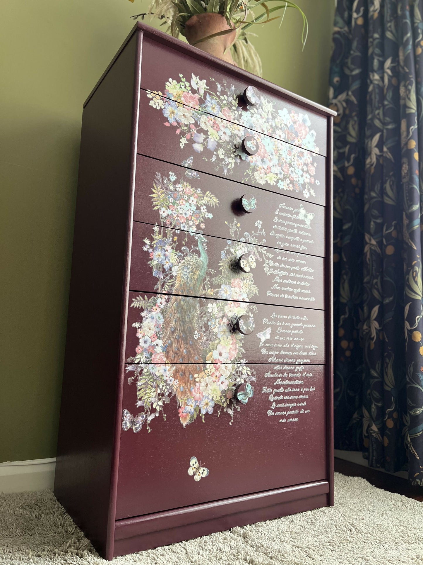 Floral Peacock Maroon chest of drawers