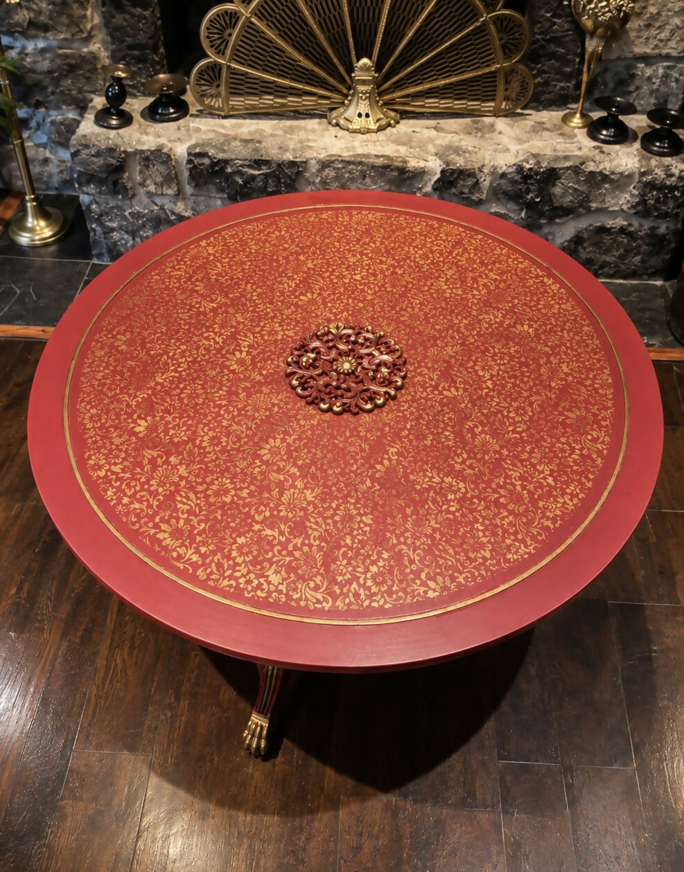 Mughal-Inspired Crimson Red & Gold Round Statement Eastern Coffee Table