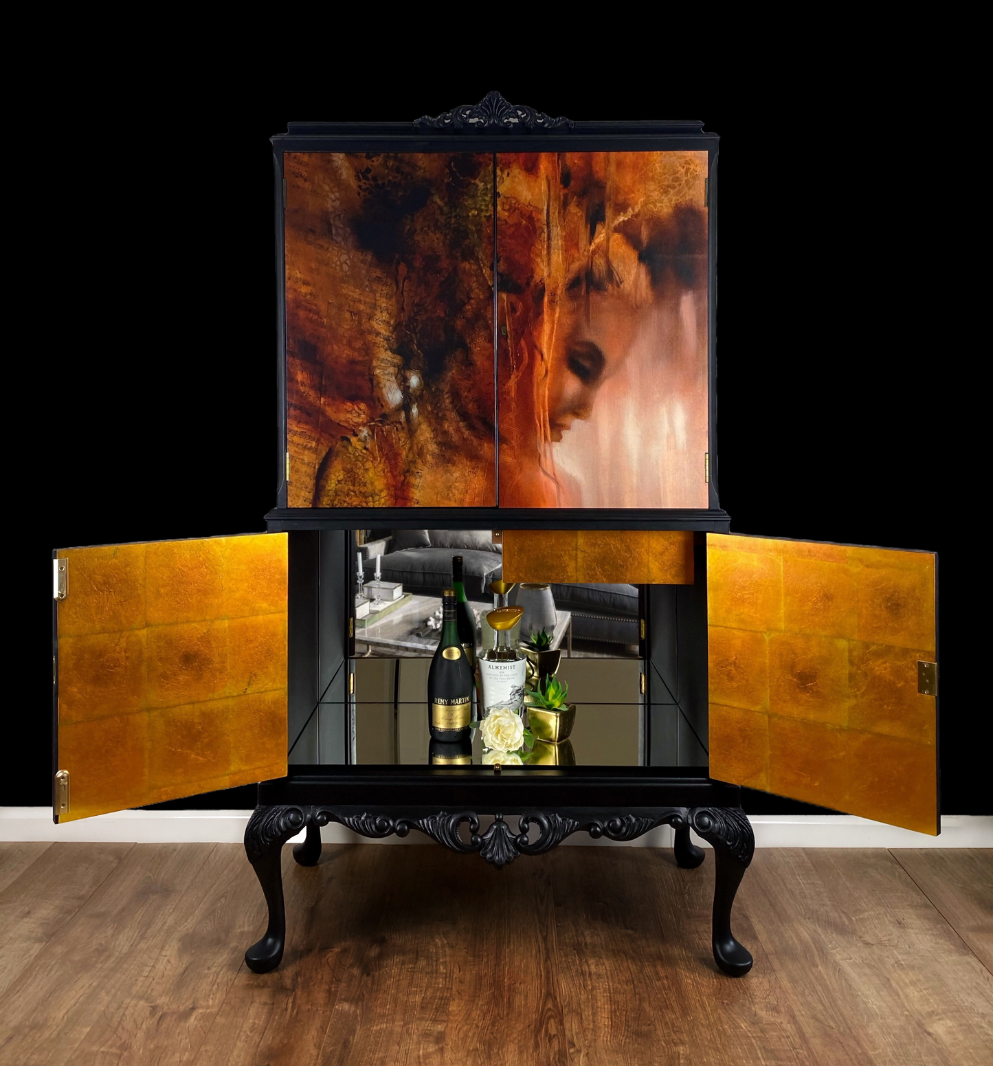 Art Deco Upcycled Queen Anne Cocktail Cabinet: Black Gin Bar Drinks Cabinet